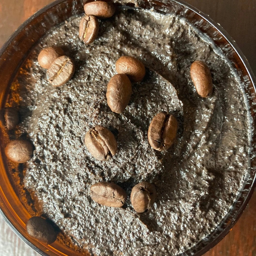 Coffee-infused face and body scrub, 250g jar.